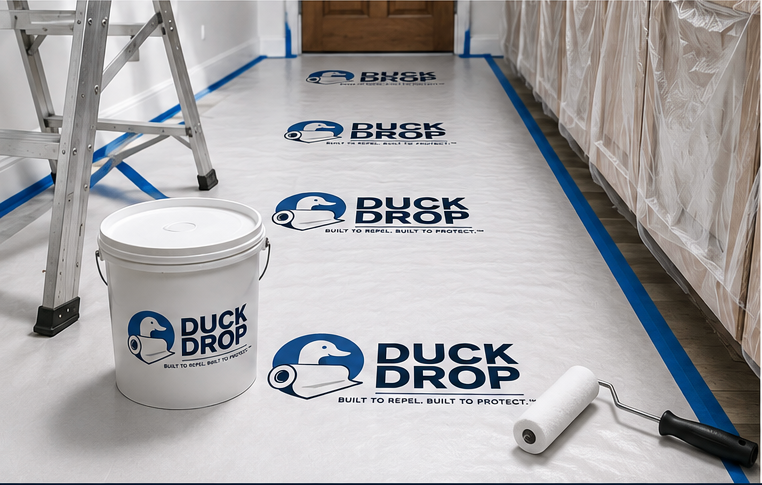 Duck Drop Floor Protection Roll deployed on jobsite with ladder and paint supplies